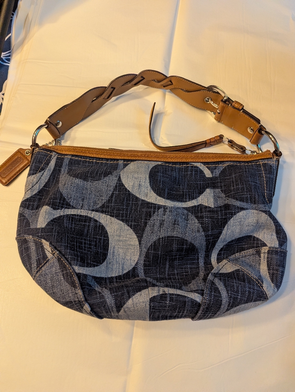 Vintage Y2K Coach Denim Blue 
Signature “C” Print Hobo Bag with Brass Hardware
